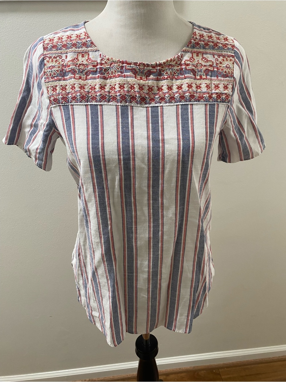 Boho Embroidered Striped Short Sleeve Peasant Blouse